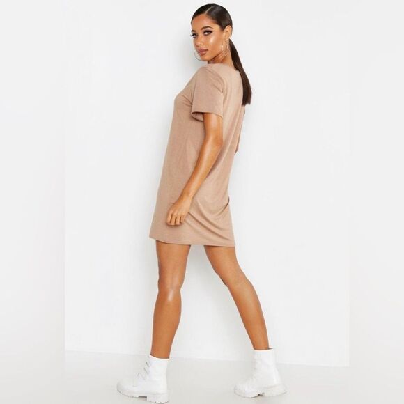 Boohoo Womens V-Neck Short Sleeve T-Shirt Mini Dress Beige Size 10 Minimalist - Picture 1 of 10